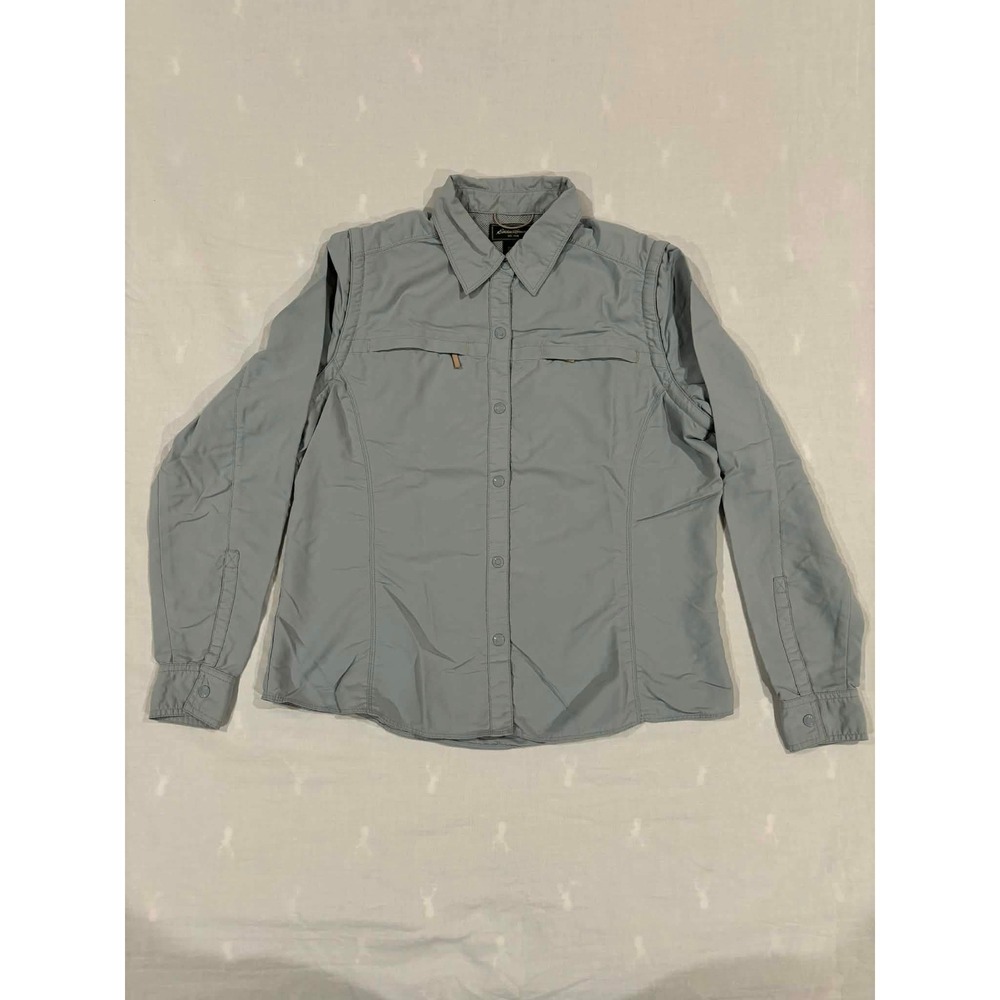 Eddie Bauer Light Blue Nylon Long Sleeve Button Up Shirt Large Utility Pockets